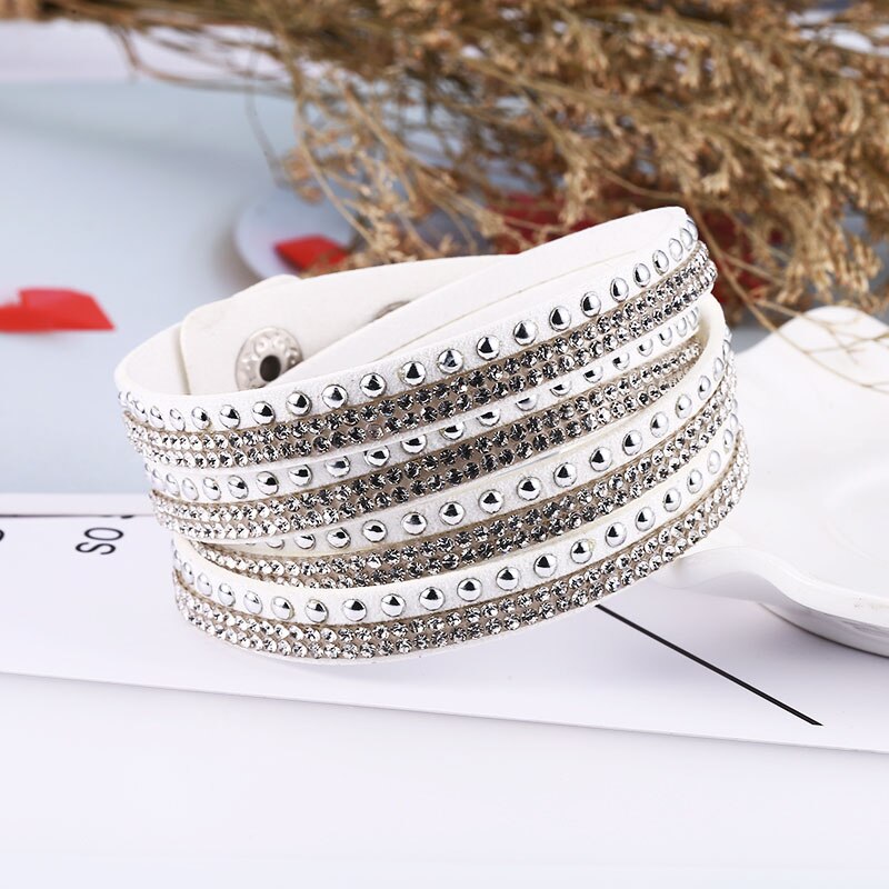 HOCOLE-Pulseras de cuero con abalorios de cristal para mujer, pulsera de diamantes de imitación multicapa, joyería femenina, de boda: White Bracelet