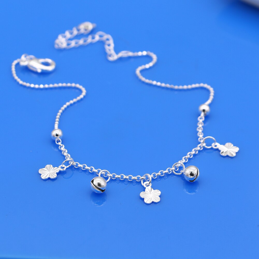 Flower Pendant Anklets Women 925 Sterling Silver Foot Chain Cute Girl bell Beach barefoot Jewelry Summer