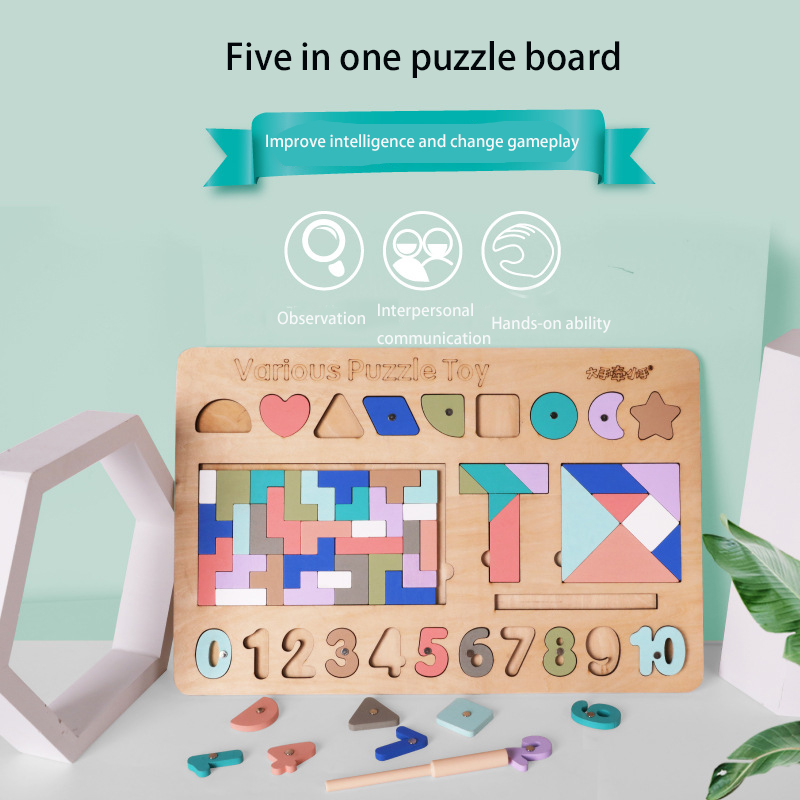 Vijf-in-een puzzel opleggen speelgoed puzzel digitale brief vorm cognitieve multi-playing houten kinderen speelgoed