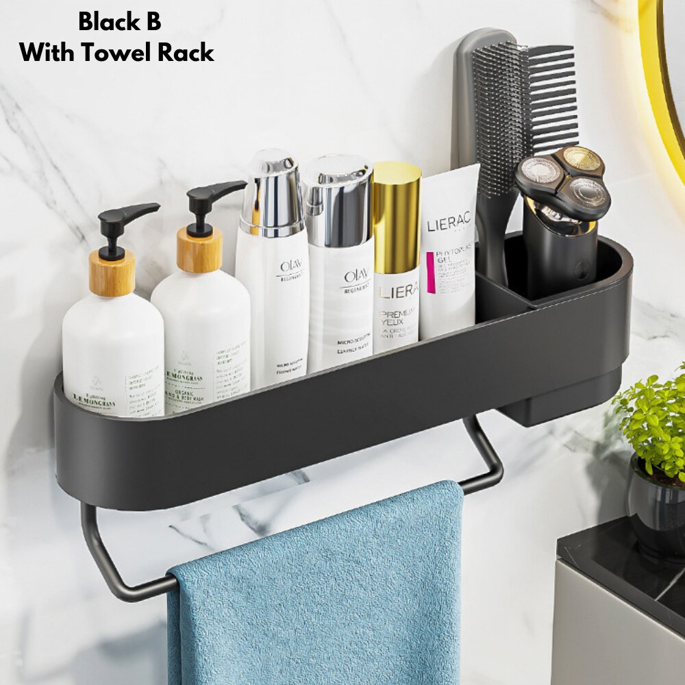 Étagère d'angle de salle de bain, sans perçage, pour cosmétiques, shampoing, douche, support de rangement, organisateur de toilette, accessoires de salle de bain: Black B with Rod