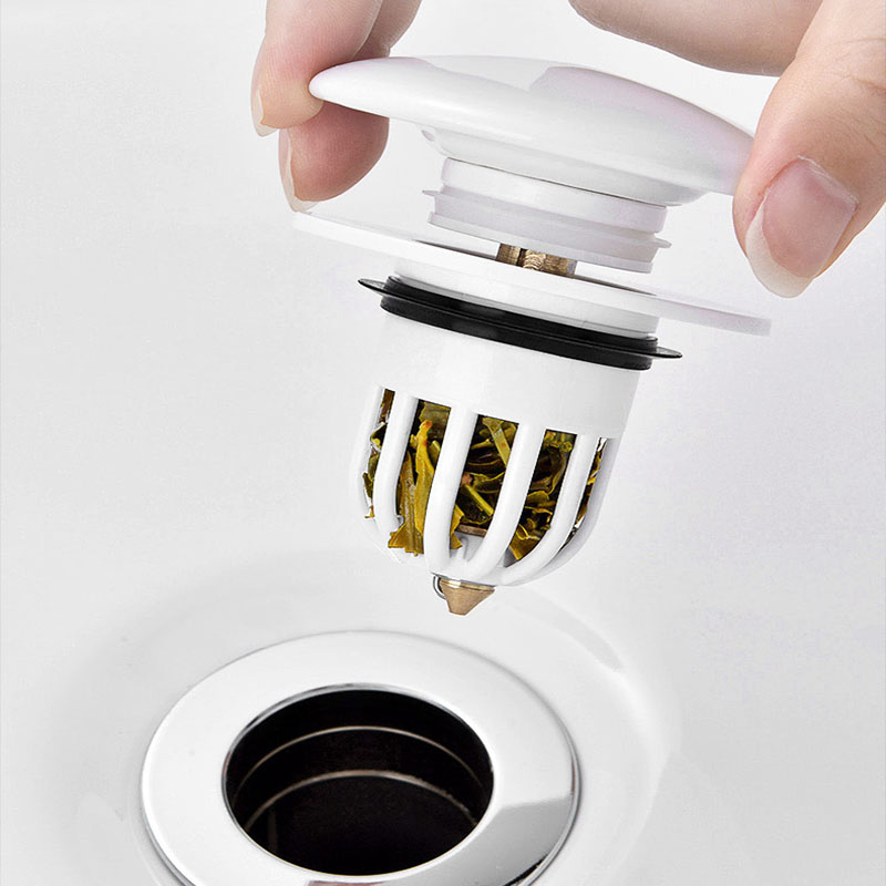 Weißer drücken-Typ-Abflussstopfen für Waschbecken – rostfreier Keramikkern, Haarfilter, universeller Waschbeckenstopfen für Badezimmer, auslaufsicherer Silikonring