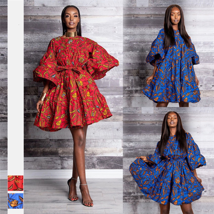 Afrikaanse Jurken Voor Vrouwen Dashiki Mode Kleding Afdrukken Rijke Bazin Swing Ruche Mouw Losse Dames Kleding