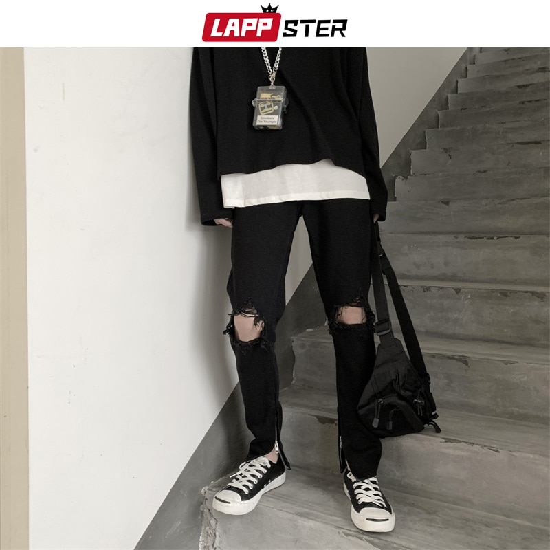 LAPPSTER Men Hip Hop Black Ripped Jeans Male Korean Streetwear Skinny Denim Pants Male Fashions High Waist Distressed Jeans