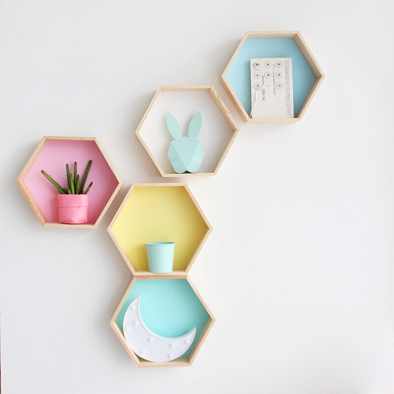 Neue Holz Hexagon Wanddekoration Baby Zimmer/Schlafzimmer Candy Organisation Aufhänger Fotografie Requisiten Regale Storage Decor Polygon Box