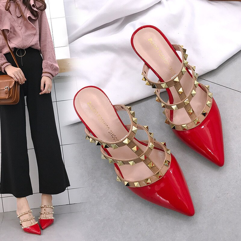 Lakleer Puntige Teen Vrouwen Sandalen Klinknagels Zomer Holle Vrouwelijke Hoge Hakken Sandalen Stiletto Hoge Hak Vrouwen Sandalen: Rood / 5.5