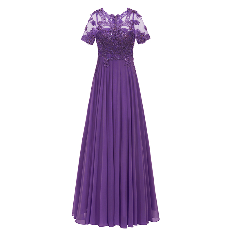 Tanpell purple long evening dress lace beading o neck short sleeves ankle length a line dress women formal prom evening dresses