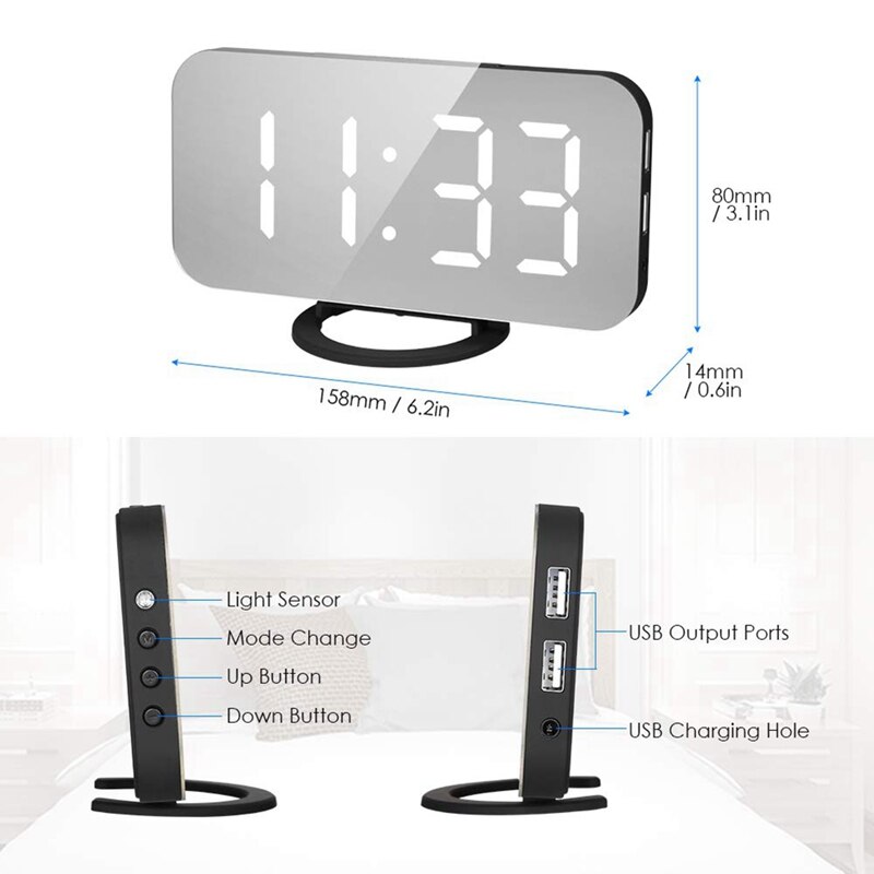 LED Digital Alarm Clock with Large White Font Display Mirror Surface Snooze Function for Bedroom Children's Rooms Office