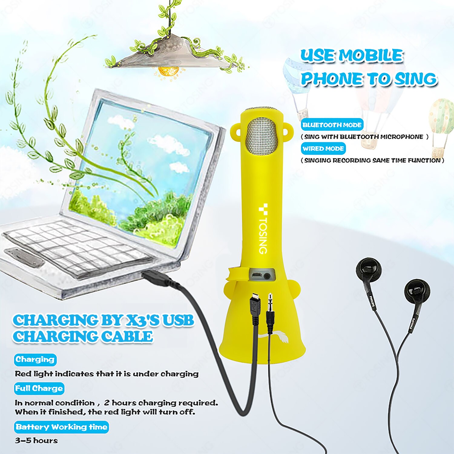 TOSING X3 sans fil BT karaoké Microphone pour enfants d'anniversaire haut-parleur lecteur de poche chantant filles et garçons