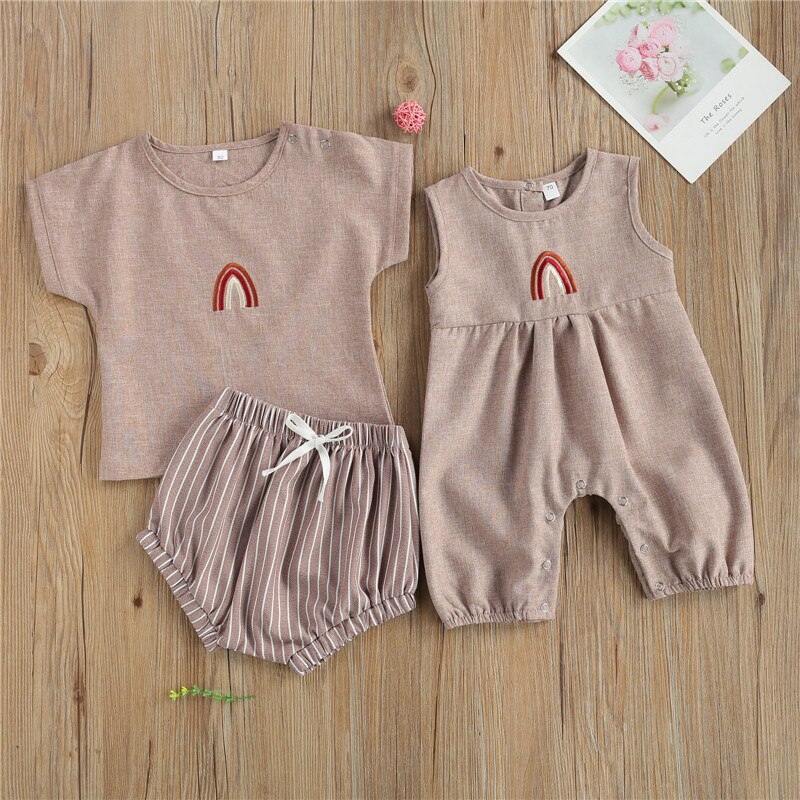 NOVEDAD DE VERANO bebé niños niñas ropa de algodón Pelele de lino ropa de estampado de arco iris camisetas a rayas monos trajes casuales conjunto