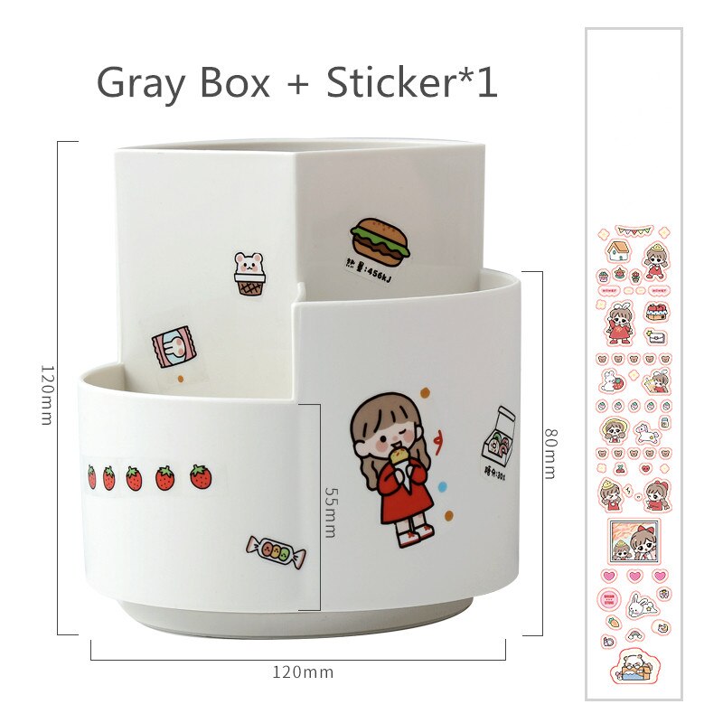 360 Degree Rotation Cute 3 Grid Drawer Desktop Storage Box Desk Organizer Holder Free Sticker School Office Stationery