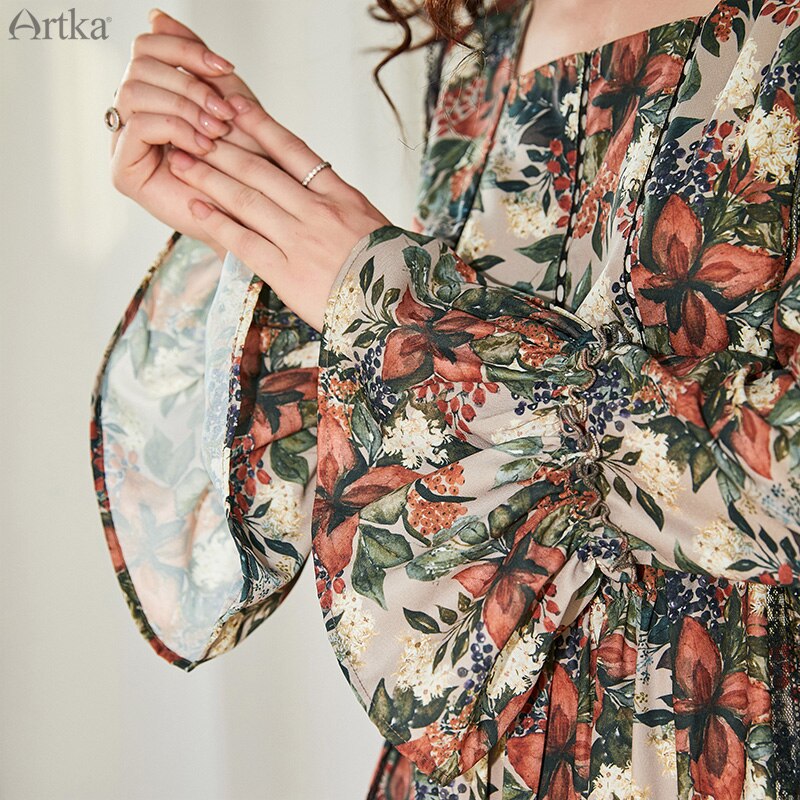 Artka forår kvinder kjole vintage blomster print firkantet hals kjole flæsede langærmede kvindelige kjoler  la10096q