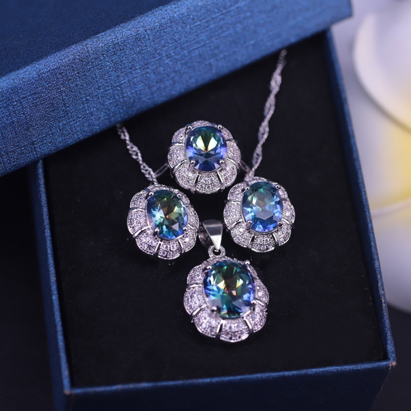 Zomer Stijl Regenboog Kubieke Zirkoon Zilveren Kleur Sieraden Set Voor Vrouwen Armband Ring Ketting Oorbel Set Snel !: three piece / 7