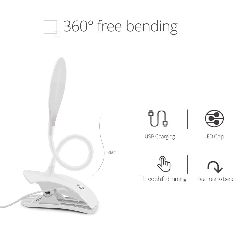 USB Powered led book light 3 level brightnes Dimmable Bendable Touch Sensor Control reading Study desk lamp With Clip Stand