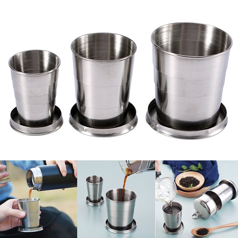 60ml 150ml 250ml in Acciaio Inox Campeggio Pieghevole Tazza di Corsa Esterna Portatile Smontabile Tazza Pieghevole con Portachiavi
