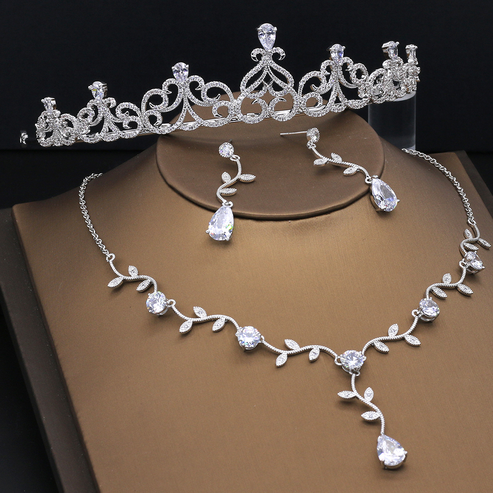 Princess Bridal Jewelry Sets Cubic Zirconia Micro Inlays Crown Tiara Wedding Bijoux AAA Zircon Stone Necklace Earrings