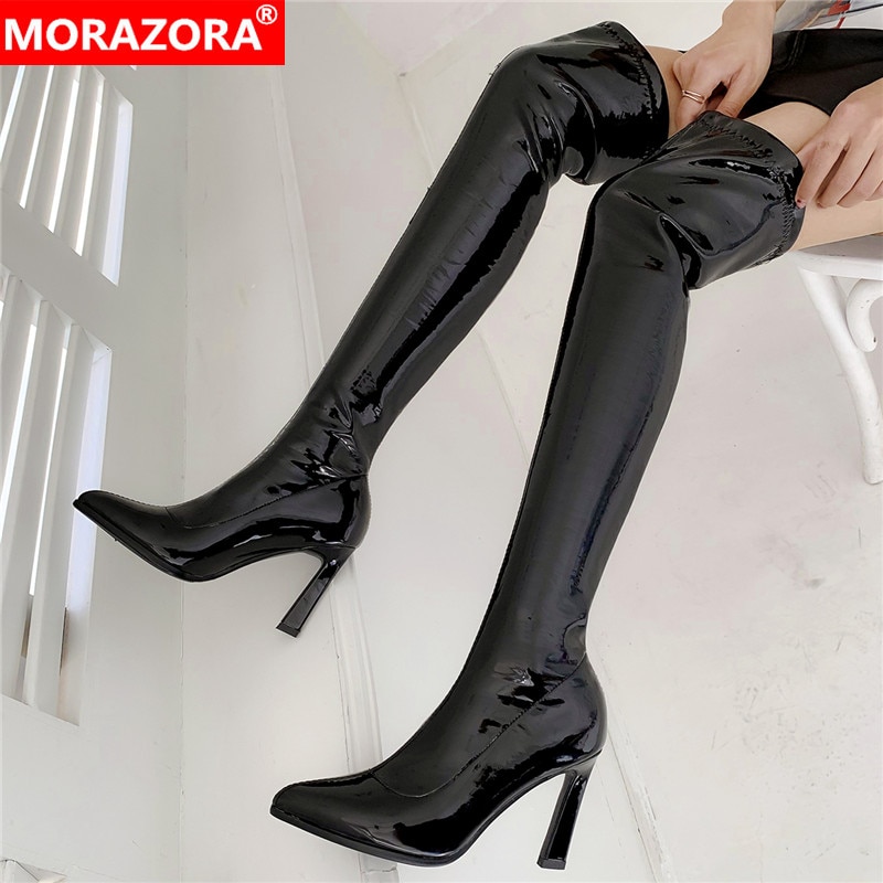 Morazora Grote Maat 34-43 Lakleer Stretch Laarzen Vrouwen Hoge Hakken Over De Knie Laarzen Herfst Winter dij Hoge Laarzen
