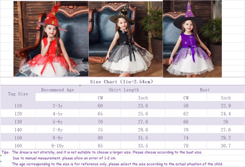 110-160cm Costume Children Dress Skirt Cosplay Girl With Hat Witch Star Skirt Witch Costume For Halloween Princess Dress Kids