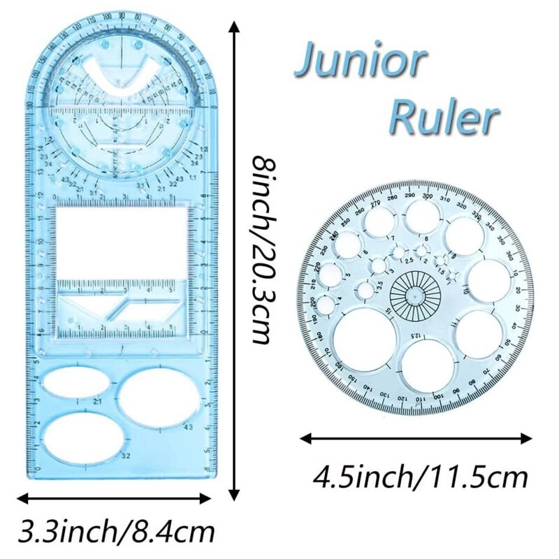 Juego de reglas geométricas multifuncionales, regla de dibujo de matemáticas con 14 figuras geométricas, conjunto de transportador redondo