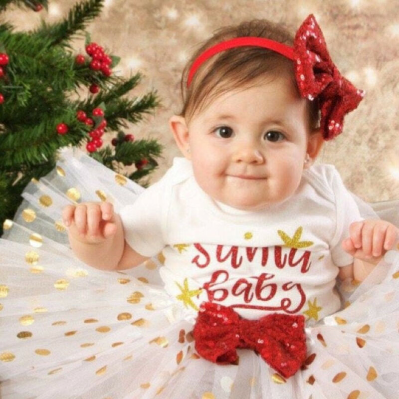 3 pçs emmababy bebê recém-nascido menina meu primeiro natal carta impressão macacão + saia bandana roupas de moda