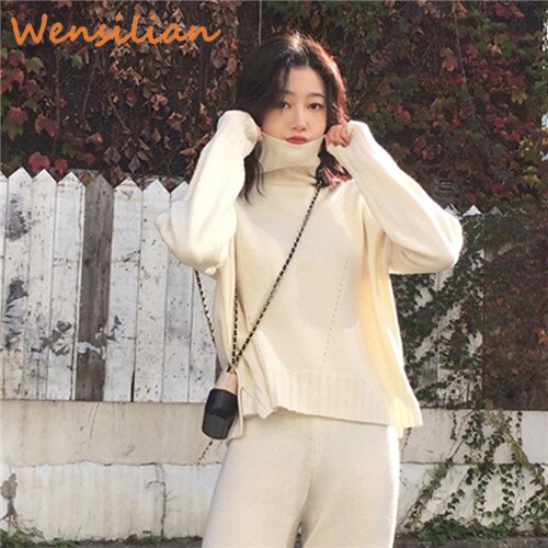 Women's Tracksuit Set - Knitted Turtleneck Pullover - 2 Piece Casual Outfit
