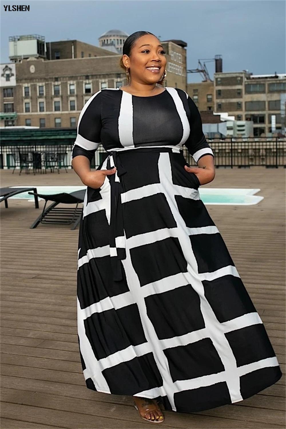 5XL African Dresses for Women Dashiki African Clothes Basin Riche Positioning Print Long Sleeve Black White Africa Dress