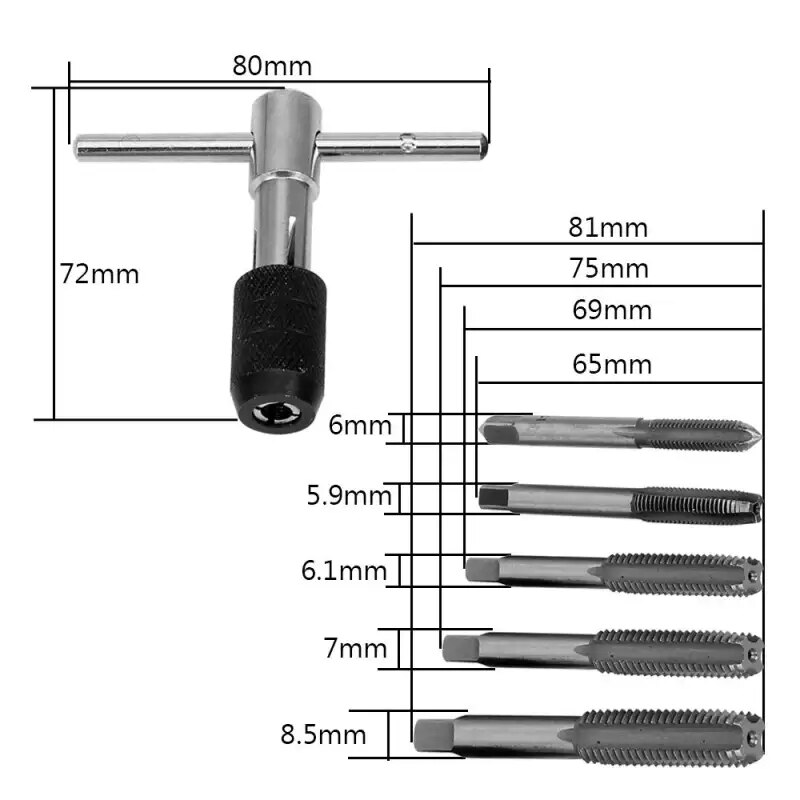 6 Pcs/Pack Screw Tap Wrench Metric Screw Tap T-shaped Wrench Threading Tapping Hand Tool Kit Tapping Tool Screw Tap Wrench Set: Default Title