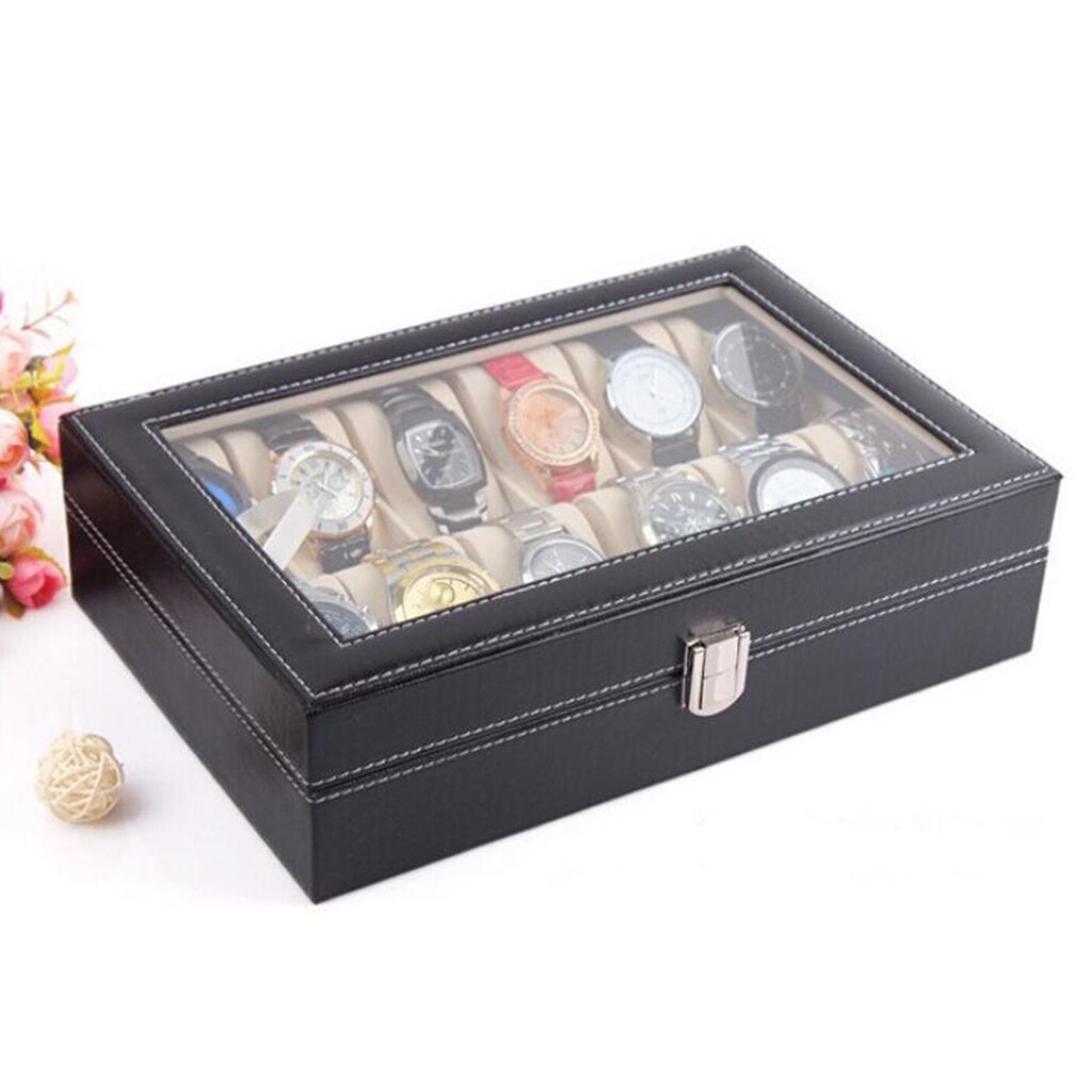 10 Slot Lederen Horloge Doos Glas Top Horloge Sieraden Display Case Organizer Business Horloge Organizer Met Afneembare Kussen