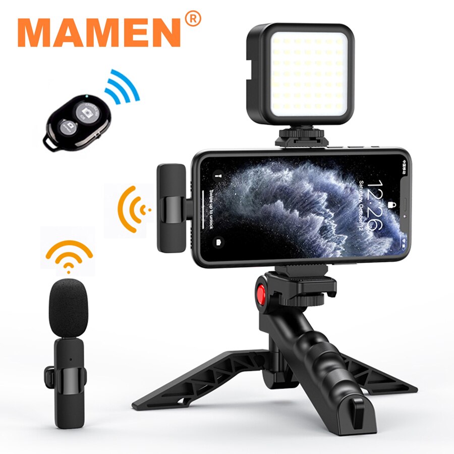 Mamen vlogging kit udstyr telefon stativ med 2.4g trådløse lavalier mikrofoner til iphone android smartphone tablet slr kamera