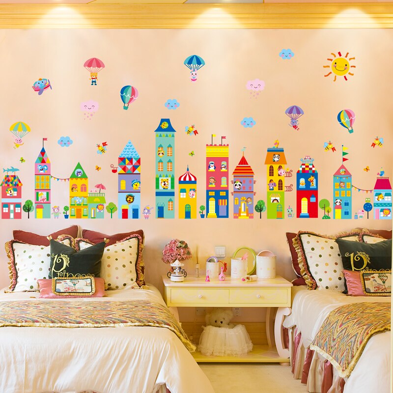 [Shijuekongjian] Cartoon Kastelen Muurstickers Diy Dieren Ballonnen Wolken Muurstickers Voor Kinderen Slaapkamer Nursery Huis Decoratie