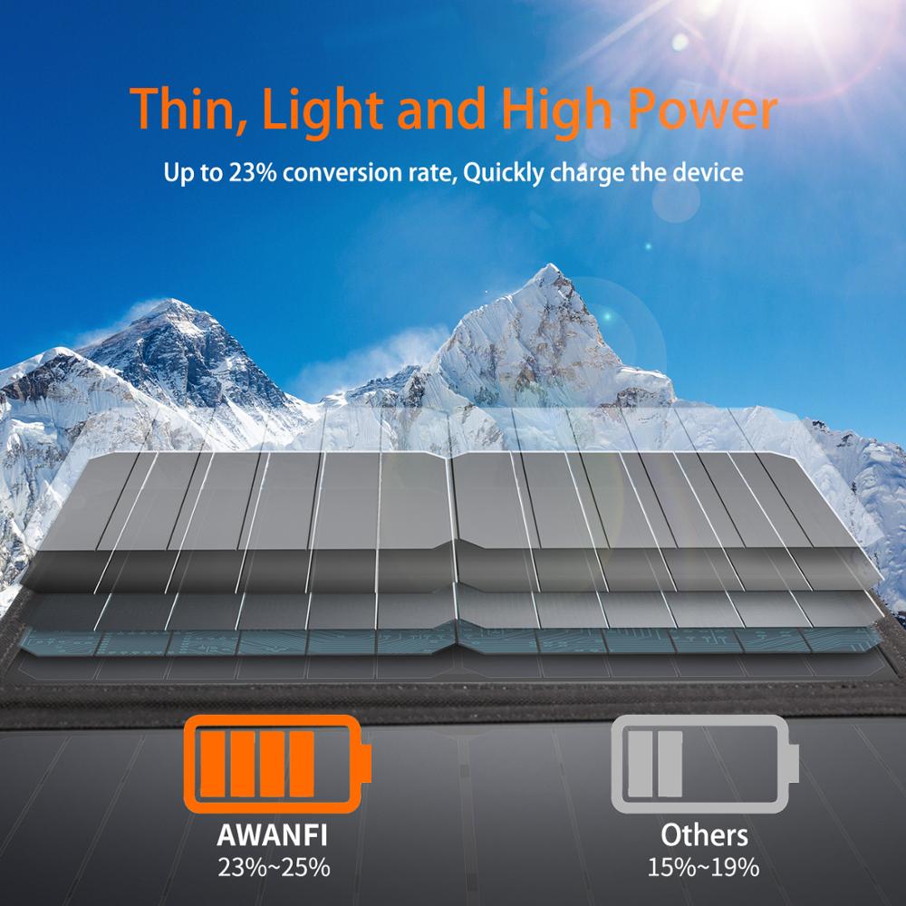Awanfi solcellepanel 28w 2- port usb bærbar soloplader sammenklappelig til iphone 12/11/ xs max / xr / x /8 ipad pro / air / mini galaxy  s10/s9