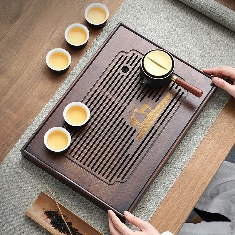 Style Natural Bamboo Tea Tray Rectangle Drainage Water Storage Trays Household Drawer Tea Board Chinese Tea Set Decor Accessorie