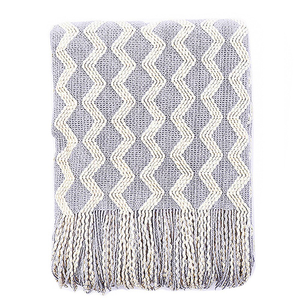 Bedding Knitted Throw Sofa Blanket Living Room Home Office Soft With Tassels Machine Washable Warm Rectangle Wave Pattern: Blue