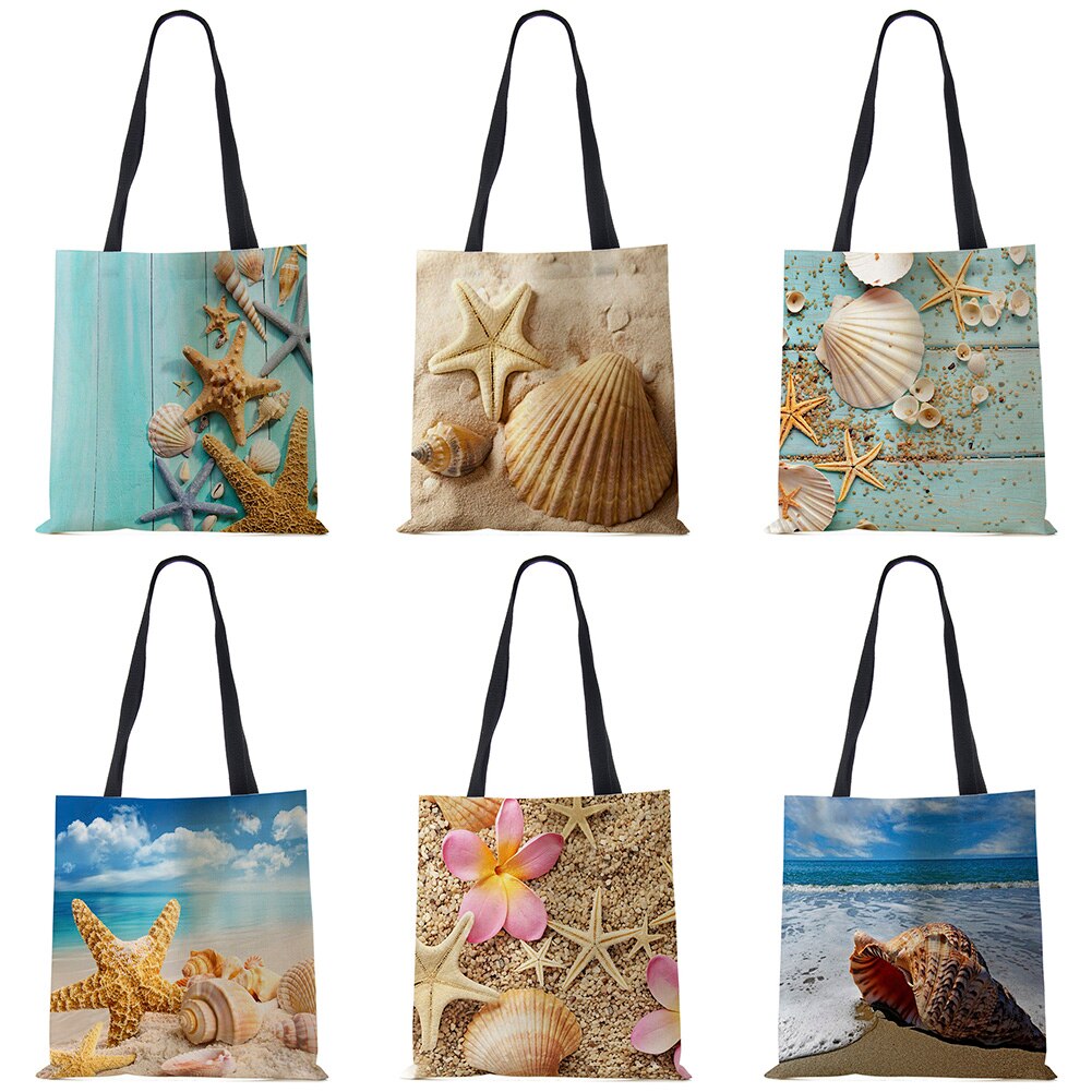 Dames Schoudertas Blauwe Oceaan Zeester Strand Zand Prints Tote Bag Linnen Stof Mooie Casual Praktische Handtas