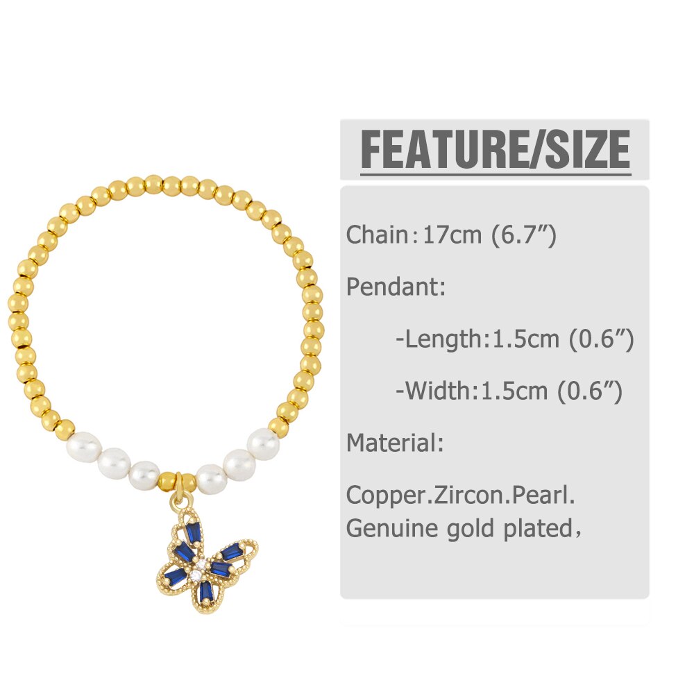 Flola Koper Zirkoon Vlinder Armbanden Voor Vrouwen Gouden Kralen Ketting Elastische Touw Parel Armband Crystal Sieraden Brtf64
