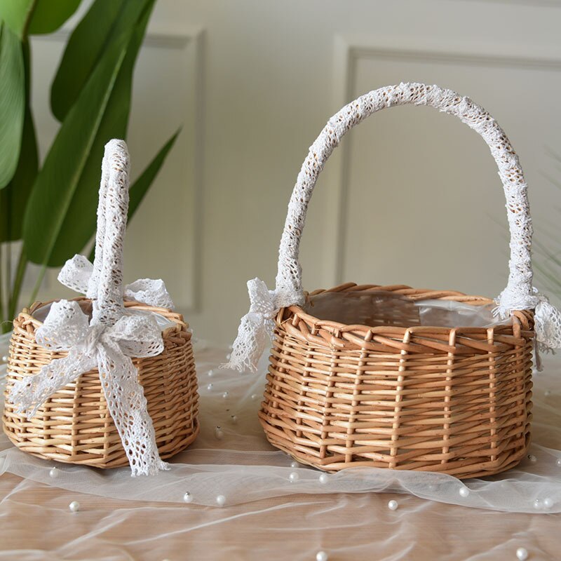 Wicker Woven Flower Basket Handle Wedding Flower Girl Baskets Candy Basket Storage Basket For Home Garden Decora