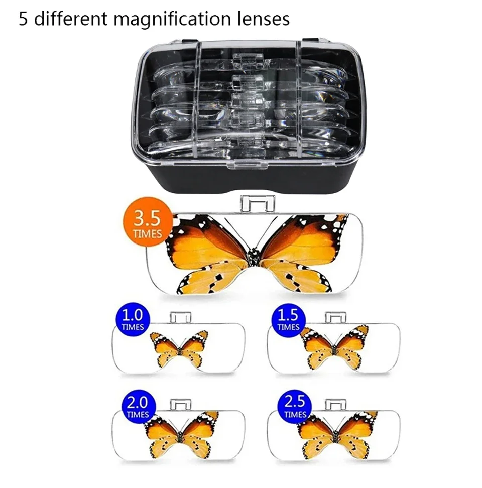 Head-Mounted Magnifier With LED Light 1x-3.5x Lenses For Soldering Jewelry Craft Watch Repair & Microscope-Level Inspection