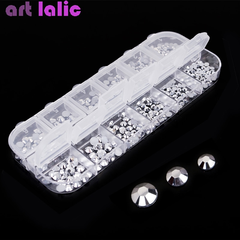 1 Doos Zilveren Folie Multi Size Nail Steentjes Platte Zwarte Ronde Kristal Strass 3D Charm Gems Diy Manicure Nail Art decoraties