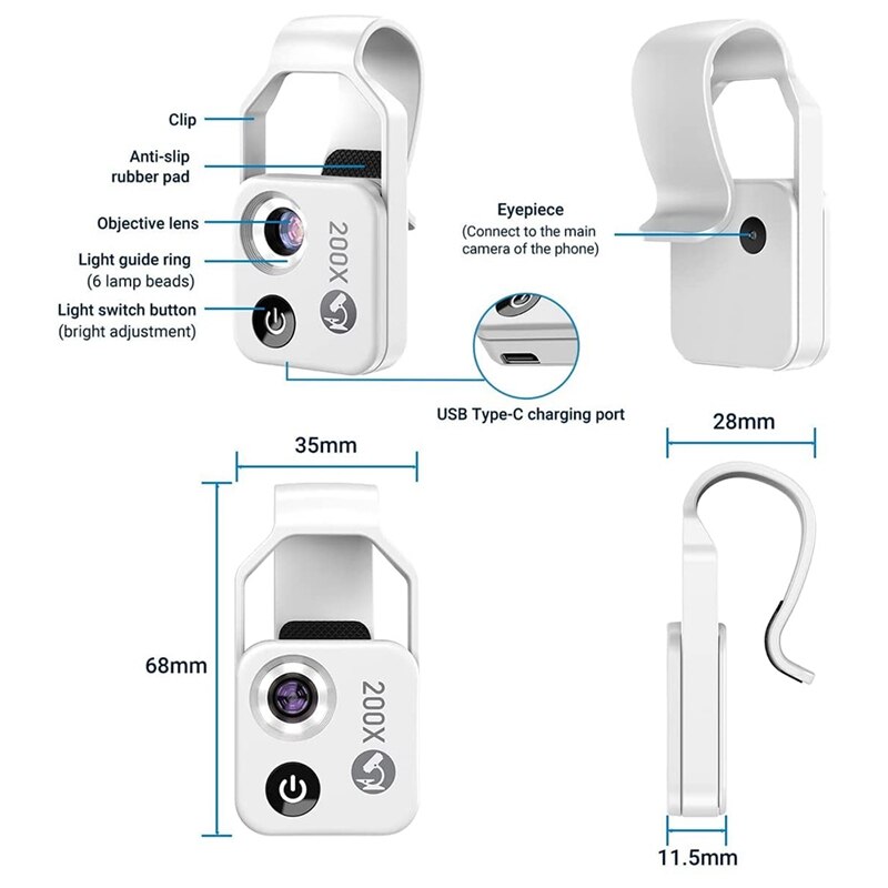 200X Telefoon Mini Pocket Microscoop Met Cpl En Led Licht, Draagbare Digitale Microscoop Camera Voor Smartphone