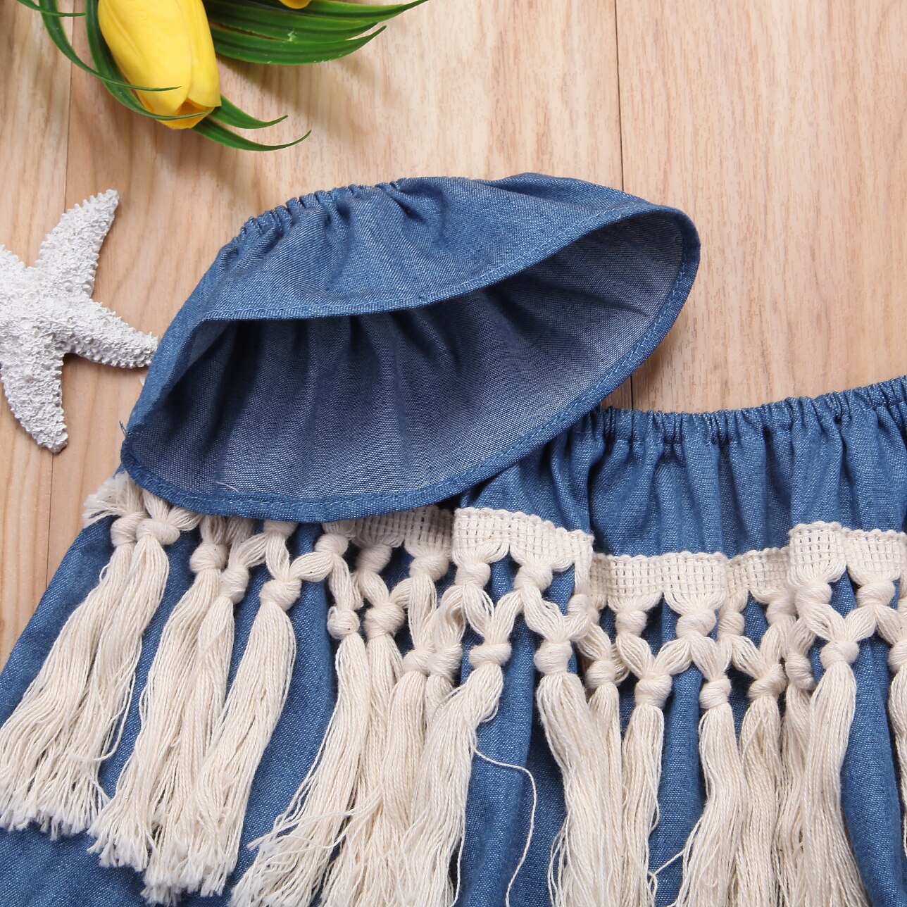 Infant Toddler Baby Girl Summer Denim Off Shoulder Tops Shirt Summer Sunsuit Tassel Tops 0-24M