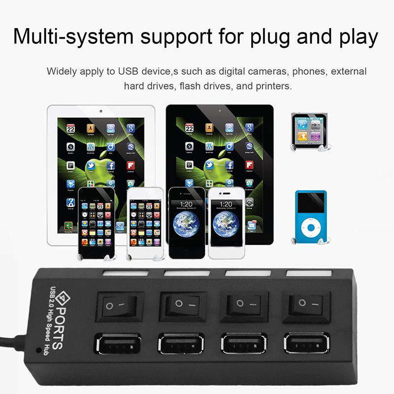 Robotsky usb 2.0 hub 4 portas de alta velocidade divisor usb com led indicador de ligar/desligar interruptor para desktop notebook portátil