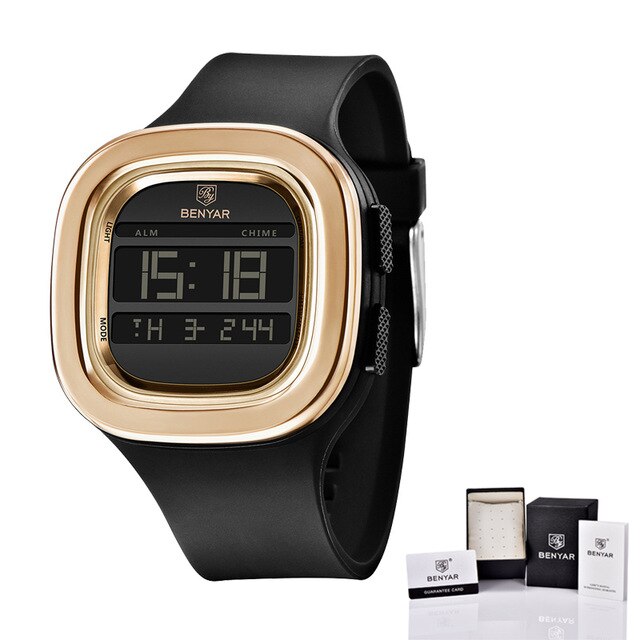 Benyar nieuwste elektronische herenhorloge schokbestendig duurzaam automatische datum top luxe elektronisch digitaal sporthorloge voor heren: Goud met doosje