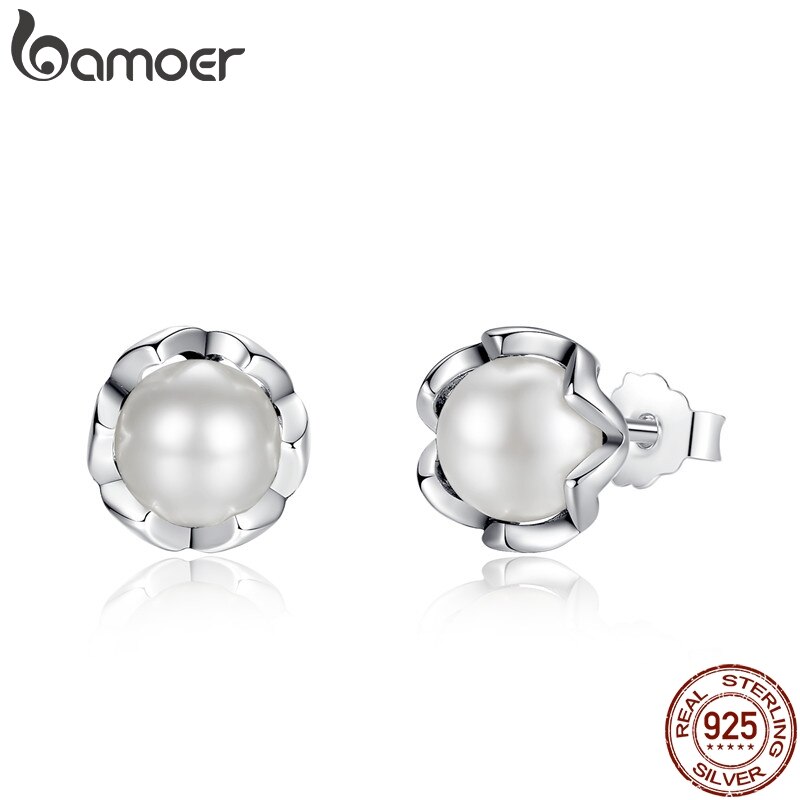 BAMOER-pendientes de plata de ley 925 con perlas cultivadas, joyería fina con cierre de tuerca, con perlas cultivadas en agua dulce blanca