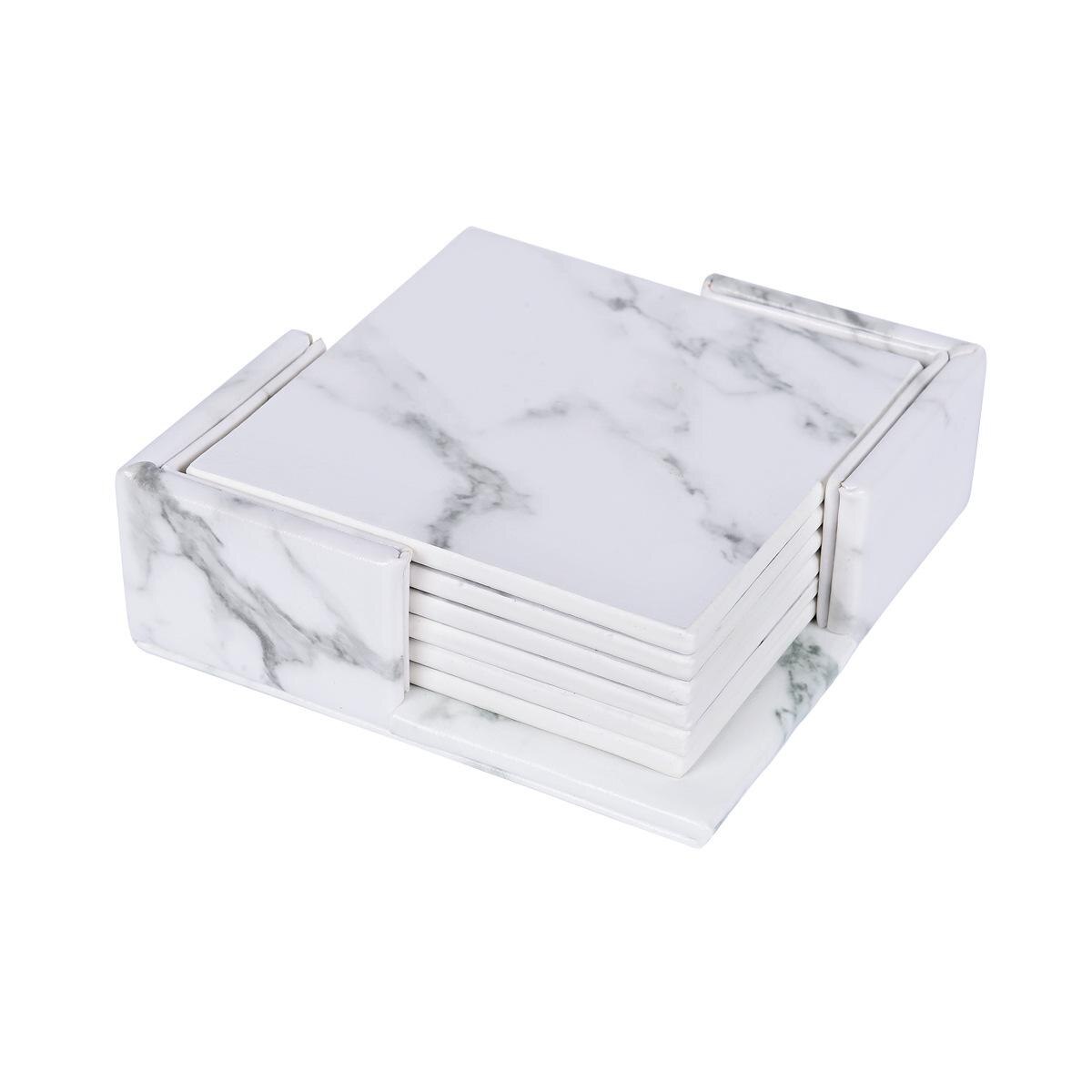 6 stk / sæt marmor pu læder rund firkantet drinkunderlag placemat kop måttepudeholder sort hvid chic dekoration køkkenudstyr: Firkantet marmor hvid