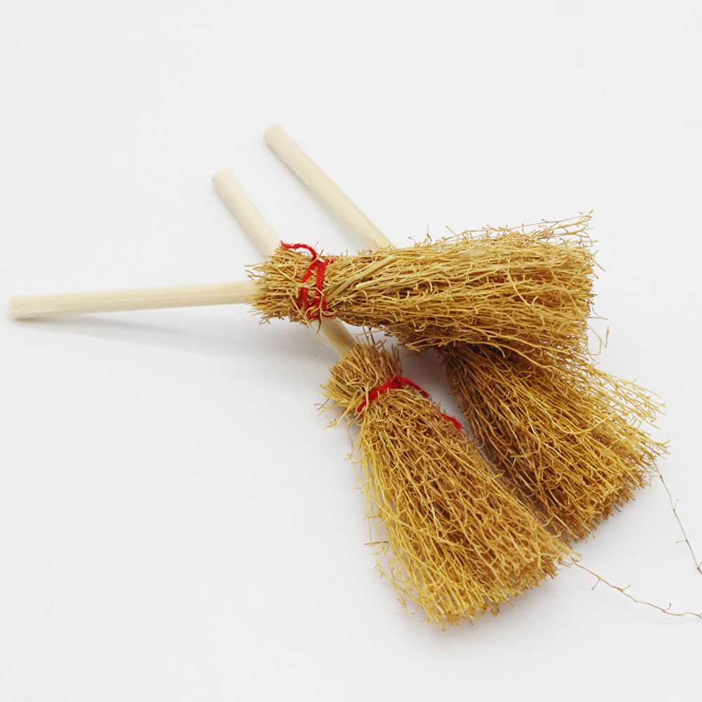 12pcs Mini Witch Broom Costume Hangings Decorations Toys With Red Rope Straw Broom Halloween Party Decoration
