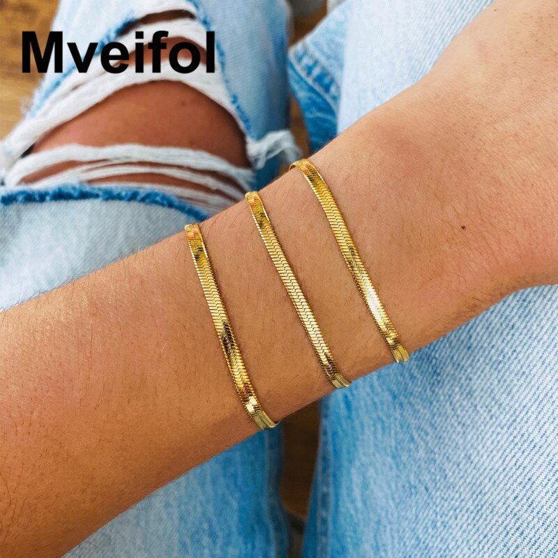 Mveifol Rvs Flat Snake Chain Armband Voor Vrouwen Classic Herringbone Armband Pulseras Stapelbaar Sieraden