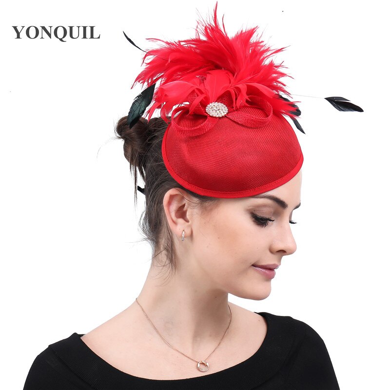 Imitation sinamay wedding bride hat red fascinators for women party dinner headpiece with hair aclip bridal headwear