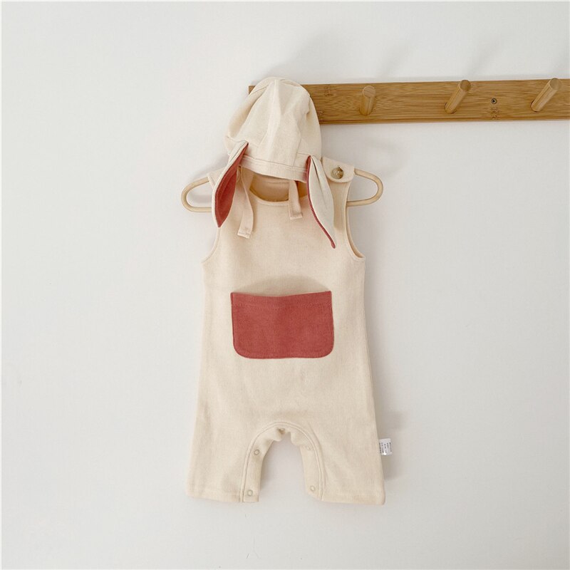 EnkeliBB Korean Baby Boys Spring Summer Romper With Hat Lovely Cotton Infant Boys Sleeveless Onesie With Pocket