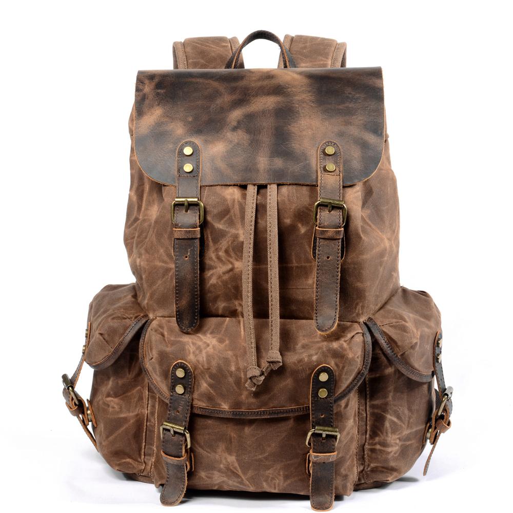 Mochilas de viaje enceradas al óleo para estudiantes de MUCHUAN, mochilas para portátiles impermeables de gran capacidad, mochilas de cuero de lona de algodón puro: Brown