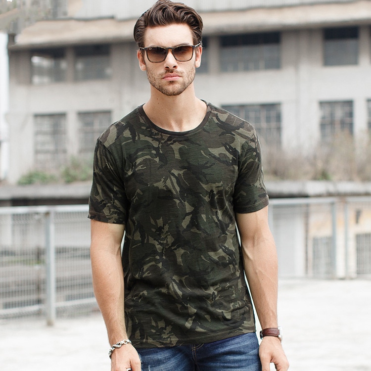 Gustomerd Mode Bladeren Print T-shirts Top Puur Katoen Tees Slim Fit O-hals Army Camouflage T-shirt Mannen