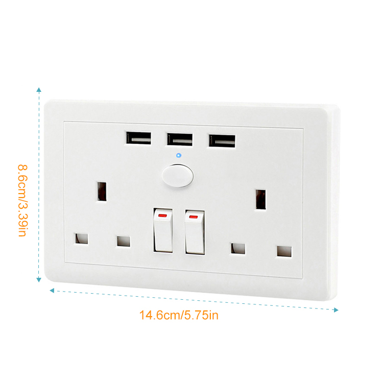 Dubbele Muur 2 Gang USB Socket met 3 USB Fast Charger Poorten Plug Schakelaar Plaat 13A 250V UK